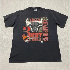 Vintage 1993 Chicago‎ Bulls 3-Peat NBA Champions T Shirt All Sport Mens XL Black